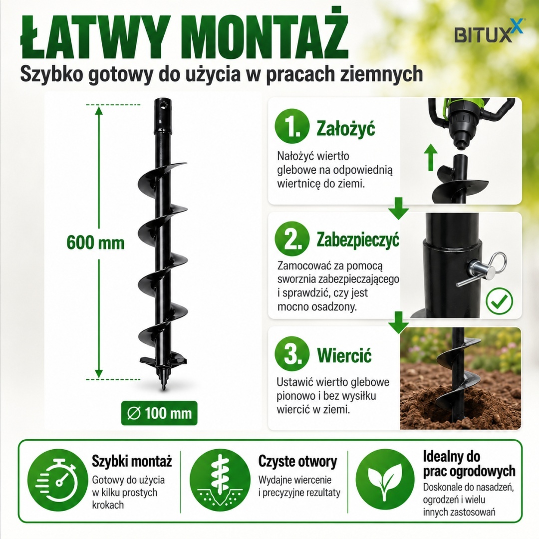 Zemní vrták 100 mm 600 mm pro vrtnou soupravu šnek do země ocel robustní zahradní M12929